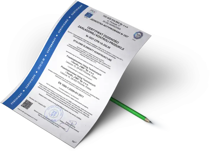 Welding certificate - TÜV SÜD - Przedsiębiorstwo Usług
Technicznych i Handlu
FMK Sp. z o.o. - Home
